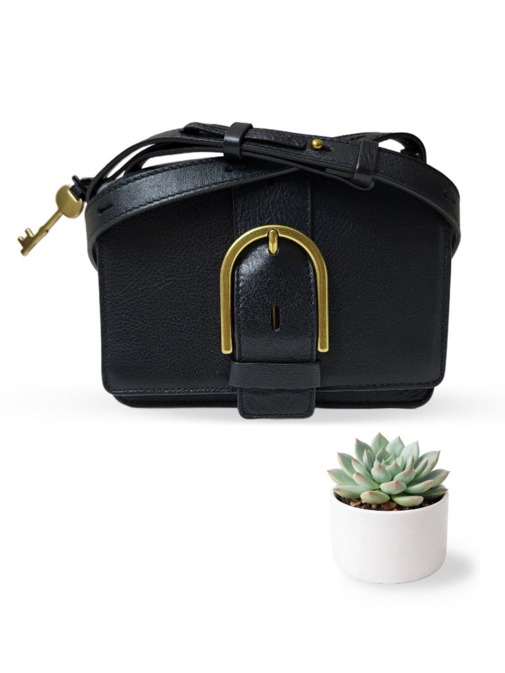 Fossil Wiley Saddle Bag Black Leather Crossbody Old English Brass Key Charm